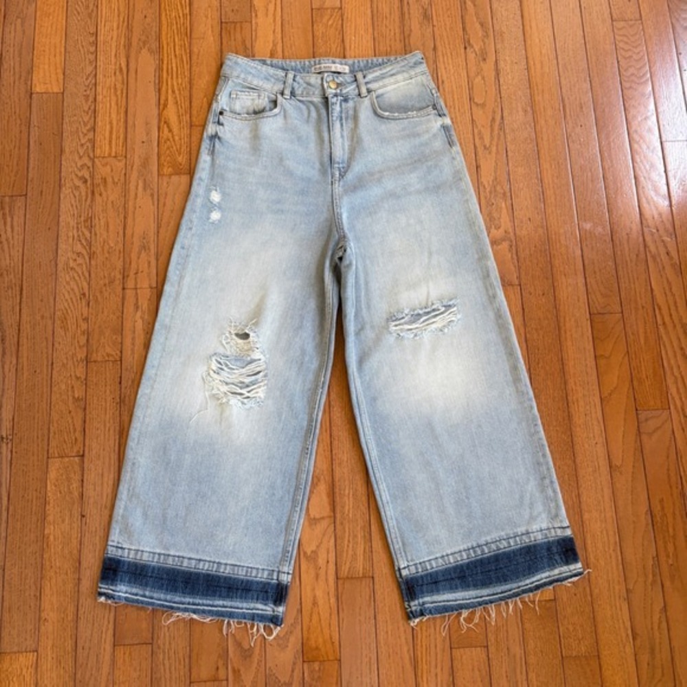 Y2K Zara Basic Z1975 Wide Leg Denim Jeans 6 Grunge Skater Boho Baggy Distressed